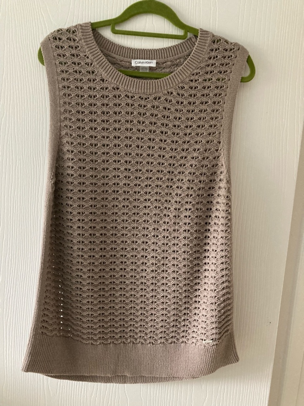 Calvin Klein Taupe Crochet Knit Sleeveless Sweater